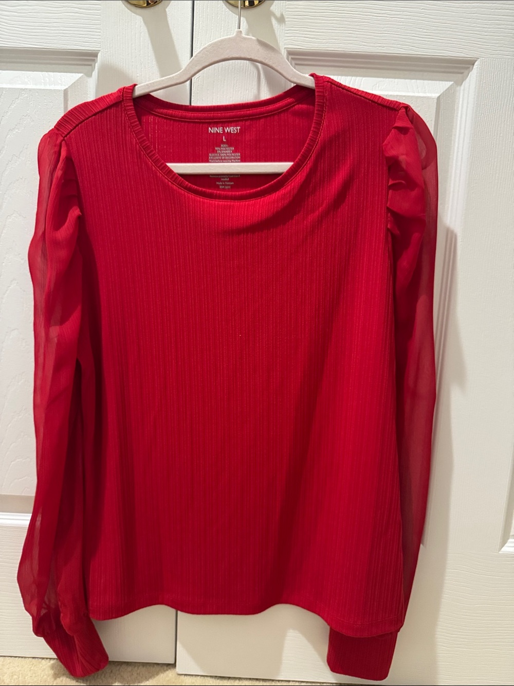 Nine West Bright Red Ribbed Body Top with Sheer Puff Sleeves